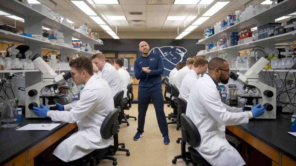 A laboratory where scientists in white coats study football plays through a microscope while James Franklin performs interpretive dance in the background