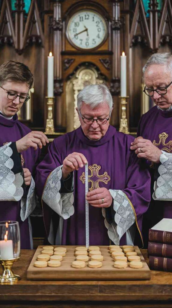 A parish committee solemnly measuring the distance between gluten-free and regular cookies with ecclesiastical measuring tools while wearing traditional choir robes