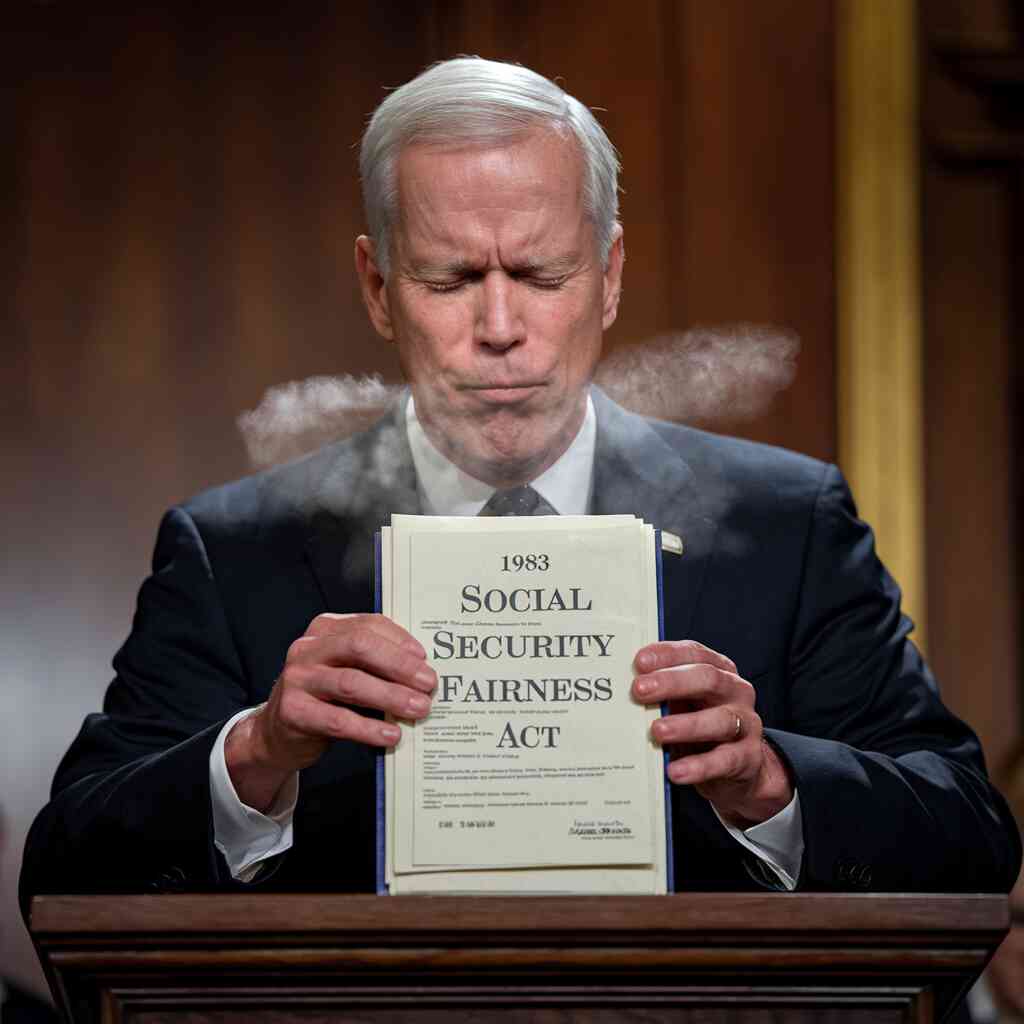 A dusty bill labeled "1983 Social Security Fairness Act" being dramatically blown clean by a politician