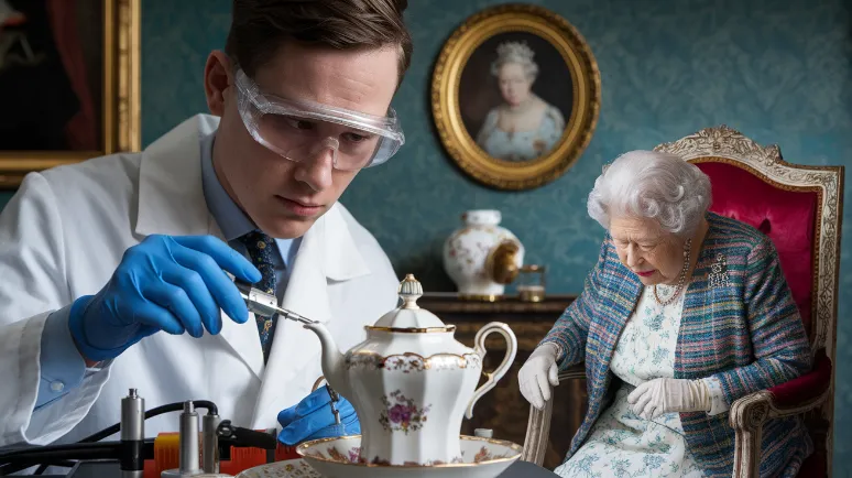 A serious-looking scientist in a lab coat and safety goggles carefully measuring tea temperature with industrial equipment while a horrified British grandmother faints into her antimacassar. In the background, a portrait of the Queen visibly weeps