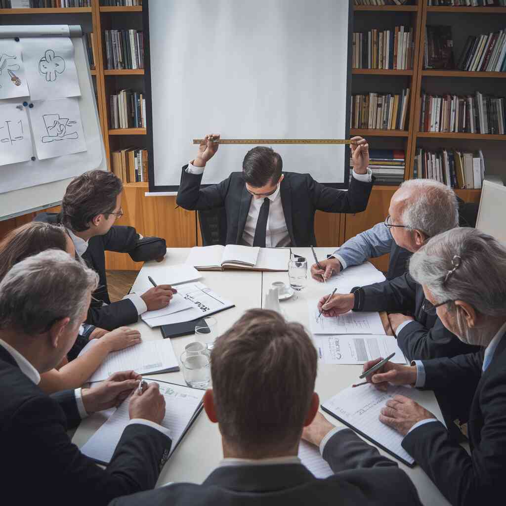 A serious roundtable discussion where experts are intensely analyzing a blank screen while taking copious notes, with one participant measuring the emptiness with a ruler