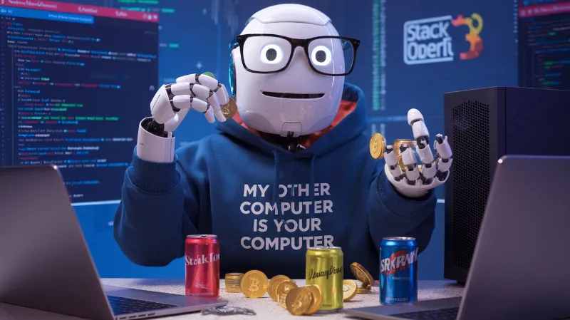 AI coding automation A smug robot wearing thick-rimmed glasses and a "My Other Computer Is Your Computer" hoodie, debugging code with one hand while mining cryptocurrency with the other, surrounded by Stack Overflow tabs and empty energy drink cans