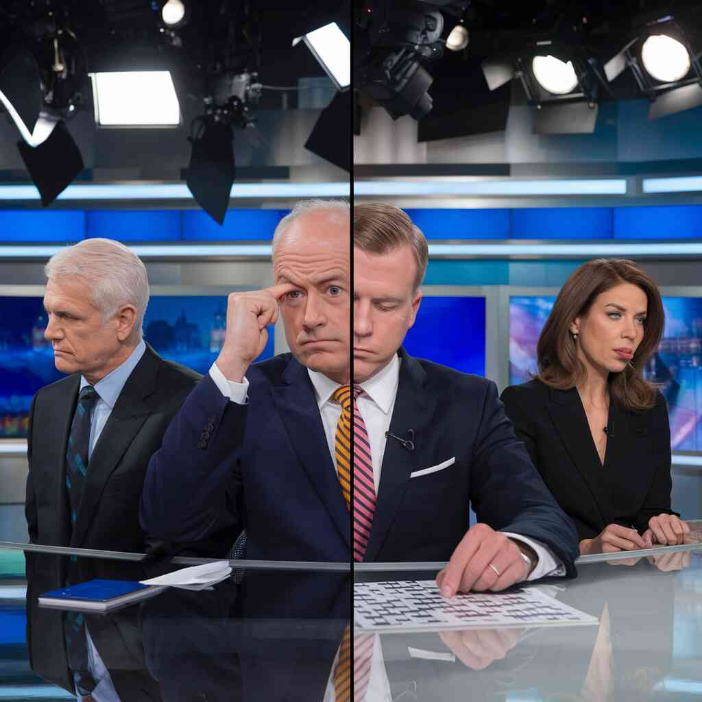 A complex split-screen showing news anchors from different networks sitting in complete silence, occasionally raising eyebrows dramatically, with one anchor clearly doing a crossword puzzle