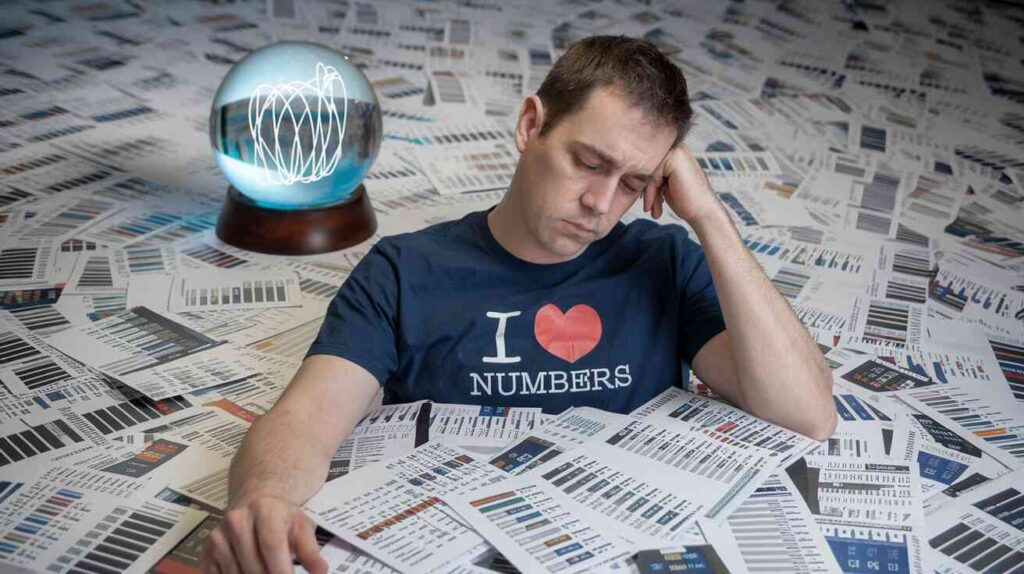 A statistician wearing a "I ♥ Numbers" t-shirt having an existential crisis while drowning in a sea of poll results printed on paper, with a fortune teller's crystal ball showing only static in the background