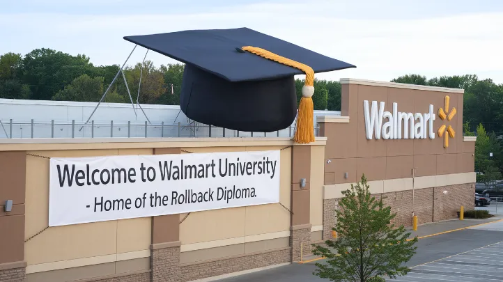 A Walmart superstore exterior with a giant mortarboard placed on top of the building, and a banner reading "Welcome to Walmart University - Home of the Rollback Diploma" Walmart education initiative