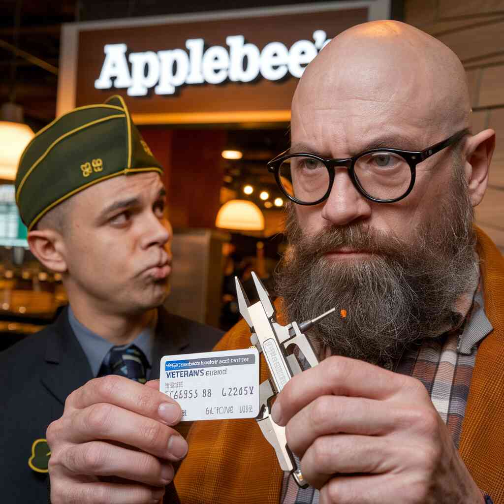 An Applebee's host looking bewildered while Miller measures the font size on a veteran's ID card with digital calipers