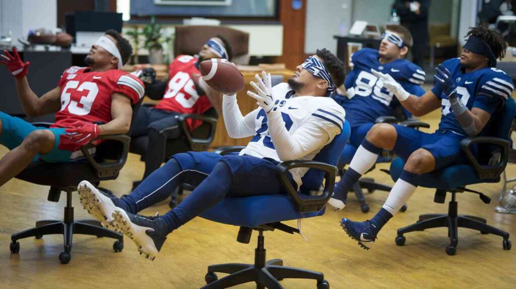 Football players from Ohio State and Penn State blindfolded and spinning in office chairs while attempting to catch footballs