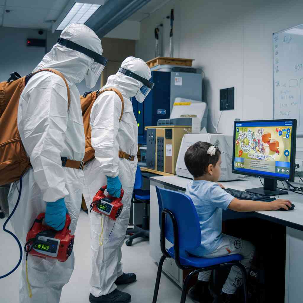 Scientists wearing hazmat suits and radiation meters observing a child playing educational video games