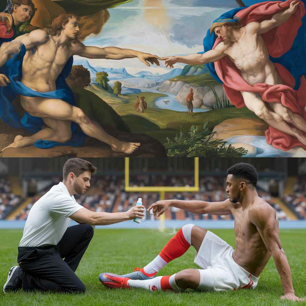 A Renaissance-style painting recreation showing "The Creation of Adam" with a physio passing a magic spray to an injured player