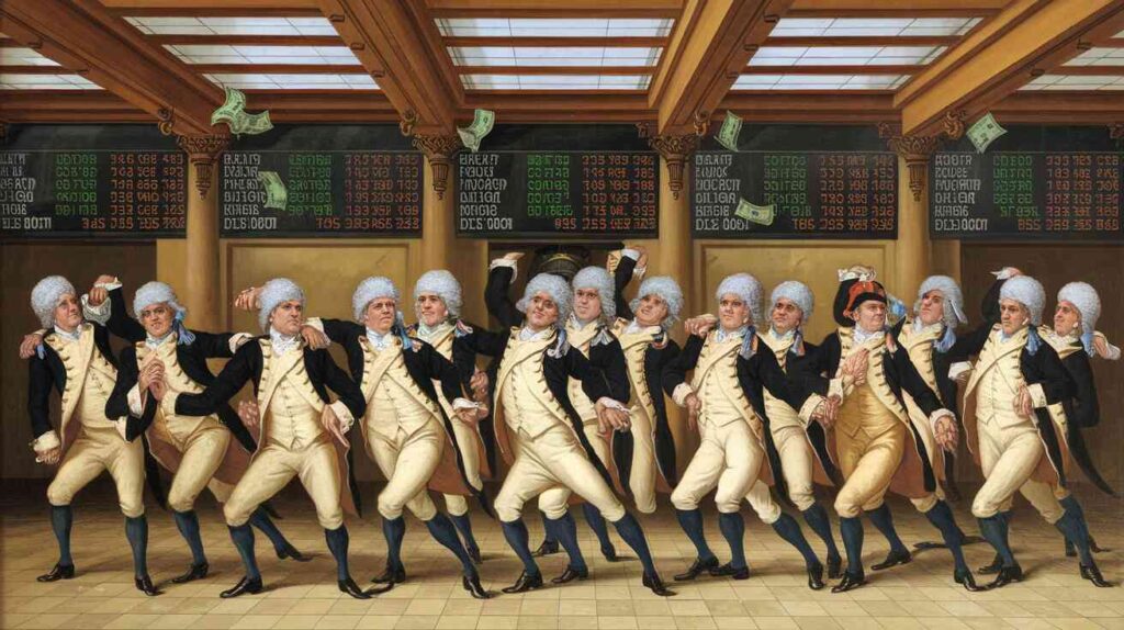 A satirical Renaissance-style painting showing Wall Street traders in powdered wigs and revolutionary war outfits, dancing the Macarena while stock tickers rain money in the background