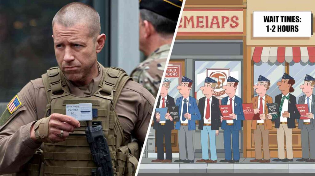 A split-screen digital illustration: left side shows a man in tactical gear inspecting a veteran's ID card, right side shows a long line of frustrated veterans holding menus outside popular chain restaurants