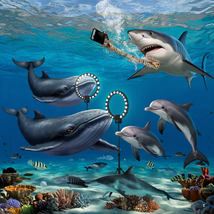 whale social media activism An underwater influencer meetup showing whales teaching dolphins how to use ring lights, while a confused shark tries to eat a selfie stick