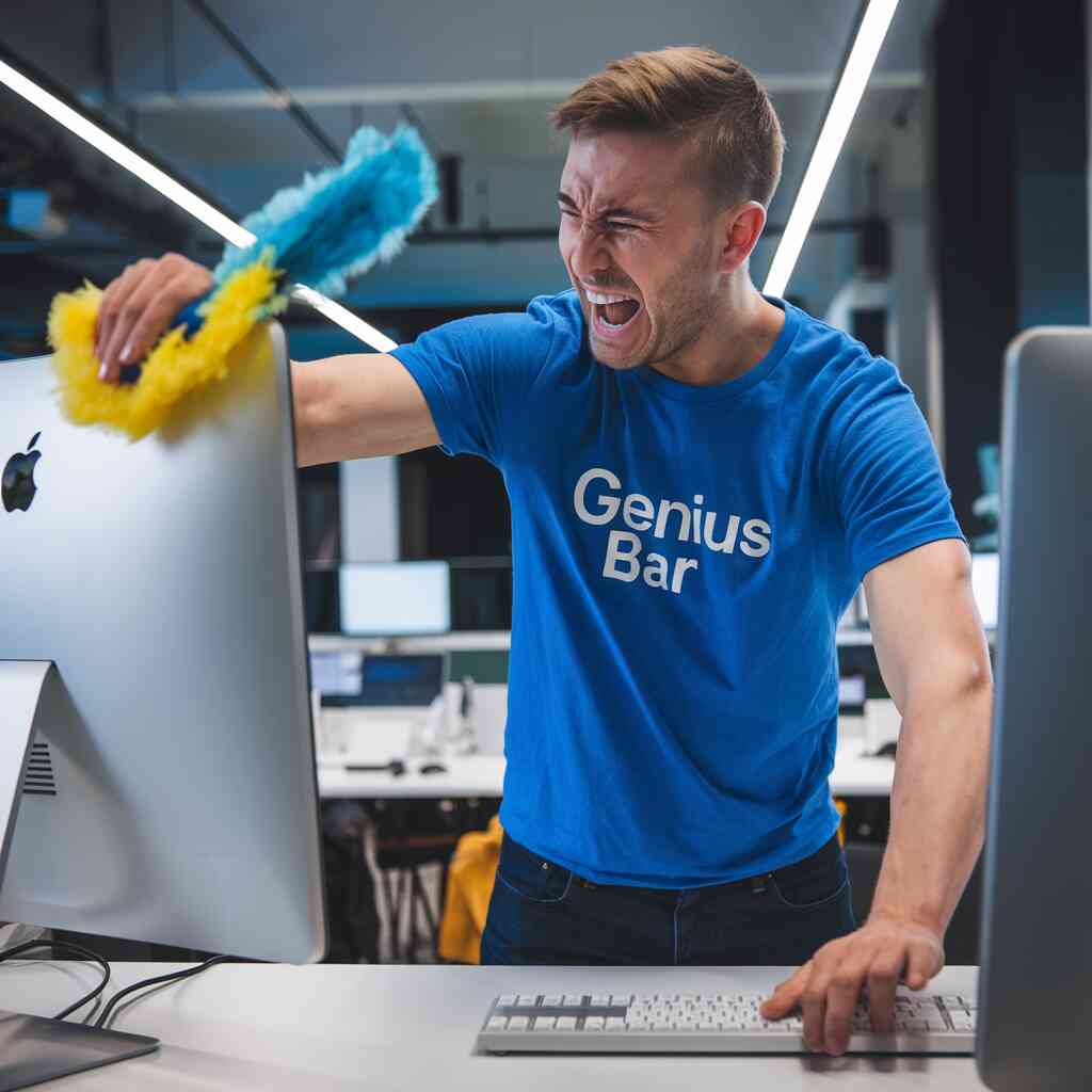 An IT professional in a "Genius Bar" t-shirt, frantically trying to reboot a computer with a feather duster