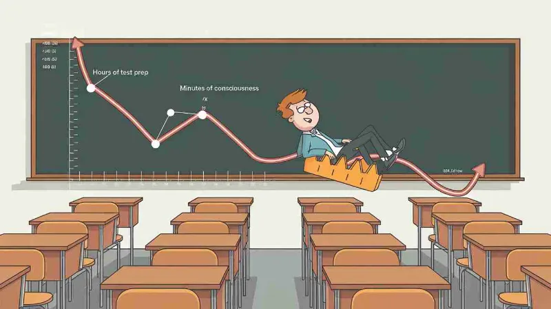 A line graph showing "Hours of Test Prep" skyrocketing while "Minutes of Consciousness" plummets, with a cartoon student sliding down the lines like a roller coaster