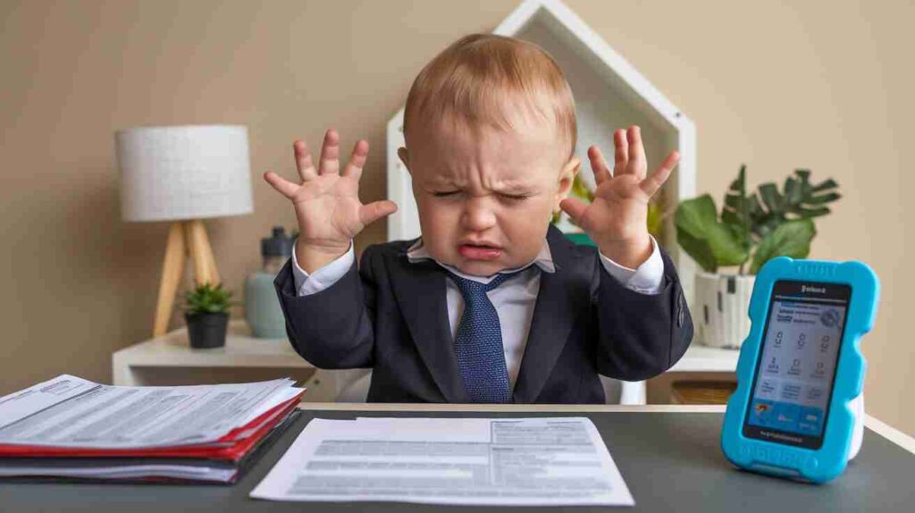 A stressed-out toddler in a business suit, sitting at a tiny desk with a stack of tax forms and a Fisher-Price smartphone