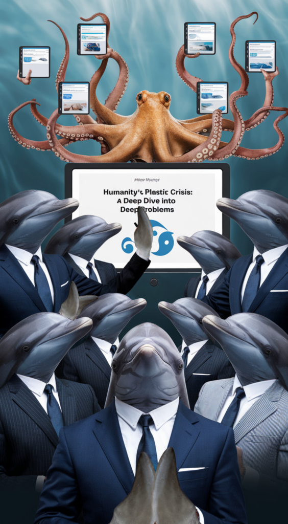 marine plastic pollution lawsuit, A team of dolphins in designer suits using their flippers to gesture at a PowerPoint presentation titled "Humanity's Plastic Crisis: A Deep Dive into Deep Problems," while an octopus operates eight different tablets simultaneously as the legal assistant