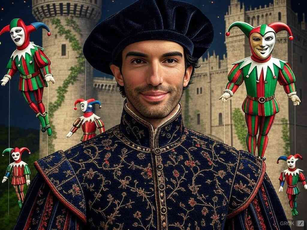 A Renaissance-style painting depicting Justin Baldoni as a puppet master, wearing a director's beret while controlling social media icons shaped like medieval court jesters