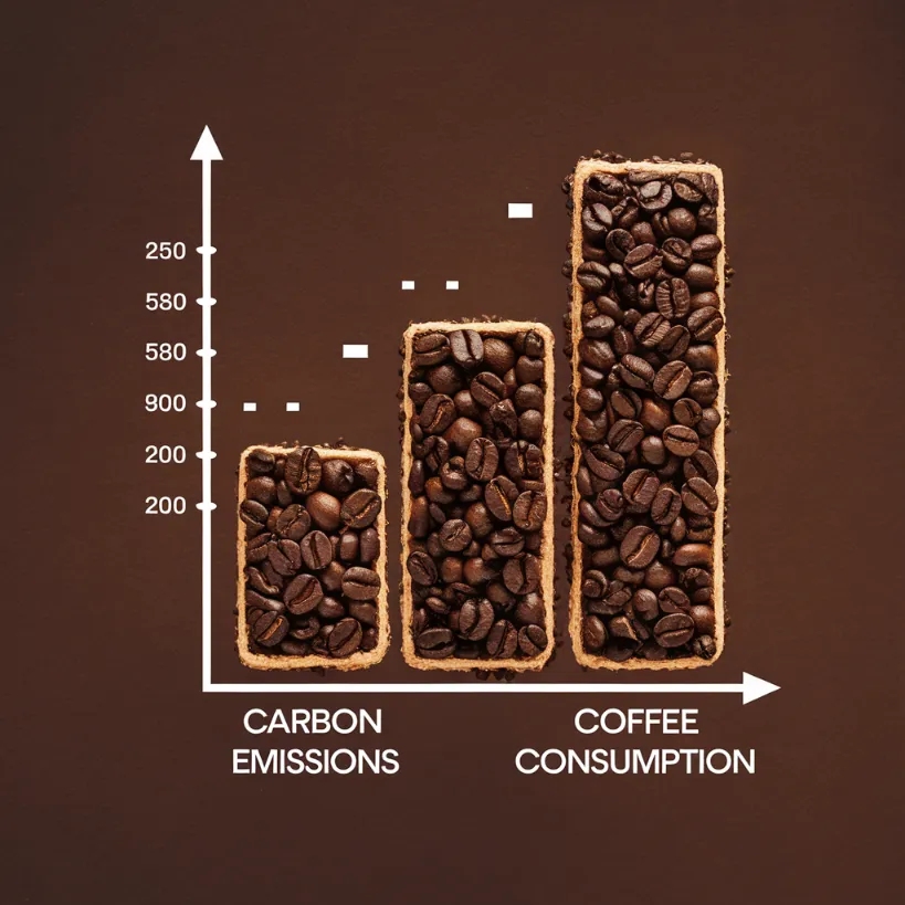 zero-carbon transportation method, A bar graph comparing "Carbon Emissions vs. Coffee Consumption" where the bars are actually made of pressed coffee grounds