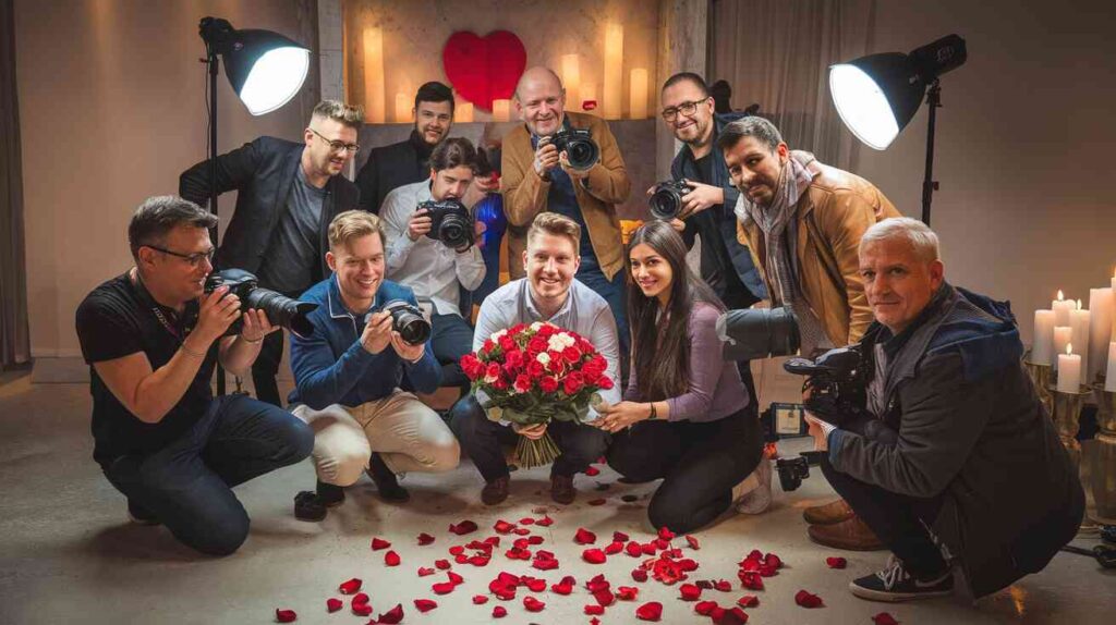 A behind-the-scenes photo accidentally posted showing 12 photographers, 3 lighting specialists, and 1 professional rose petal distributor arranging the "spontaneous" proposal shot