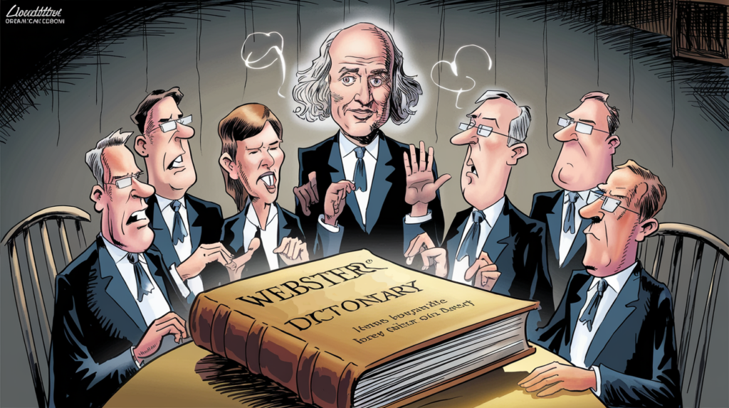 A cartoon of lawyers conducting a seance with Webster's Dictionary, trying to commune with the spirit of Noah Webster for clarification