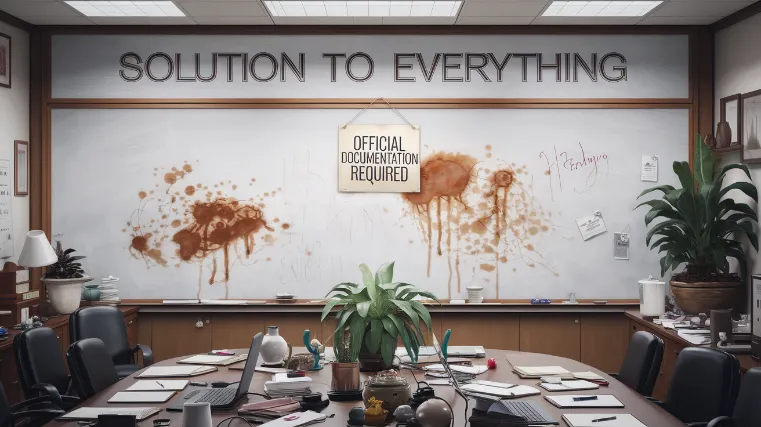 think tank solves world problems, A chaotic conference room featuring a whiteboard with "SOLUTION TO EVERYTHING" written at the top, followed by increasingly illegible writing and coffee stains. A sign reading "OFFICIAL DOCUMENTATION REQUIRED" hangs crookedly in the background