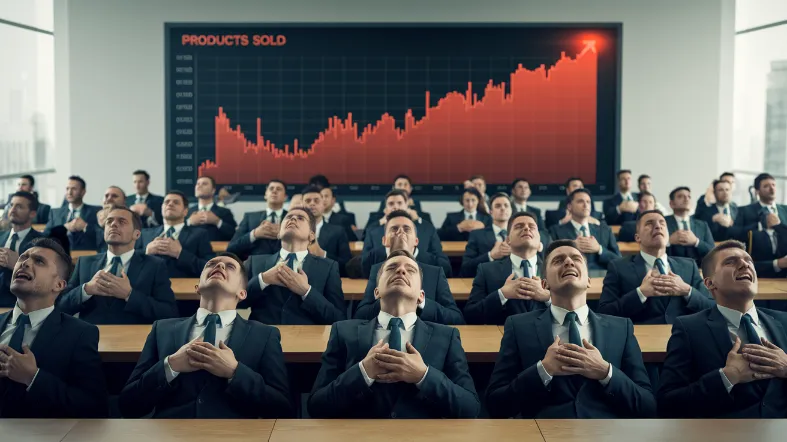 e-commerce sales strategy, A corporate boardroom filled with marketing experts in suits having synchronized heart attacks while looking at a simple "Products Sold" dashboard showing upward trends