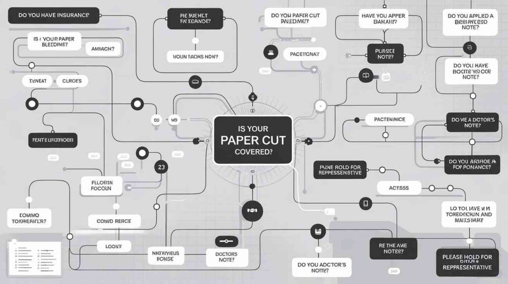 A complex flowchart titled "Is Your Paper Cut Covered?" with all paths leading to "Please Hold For Representative"