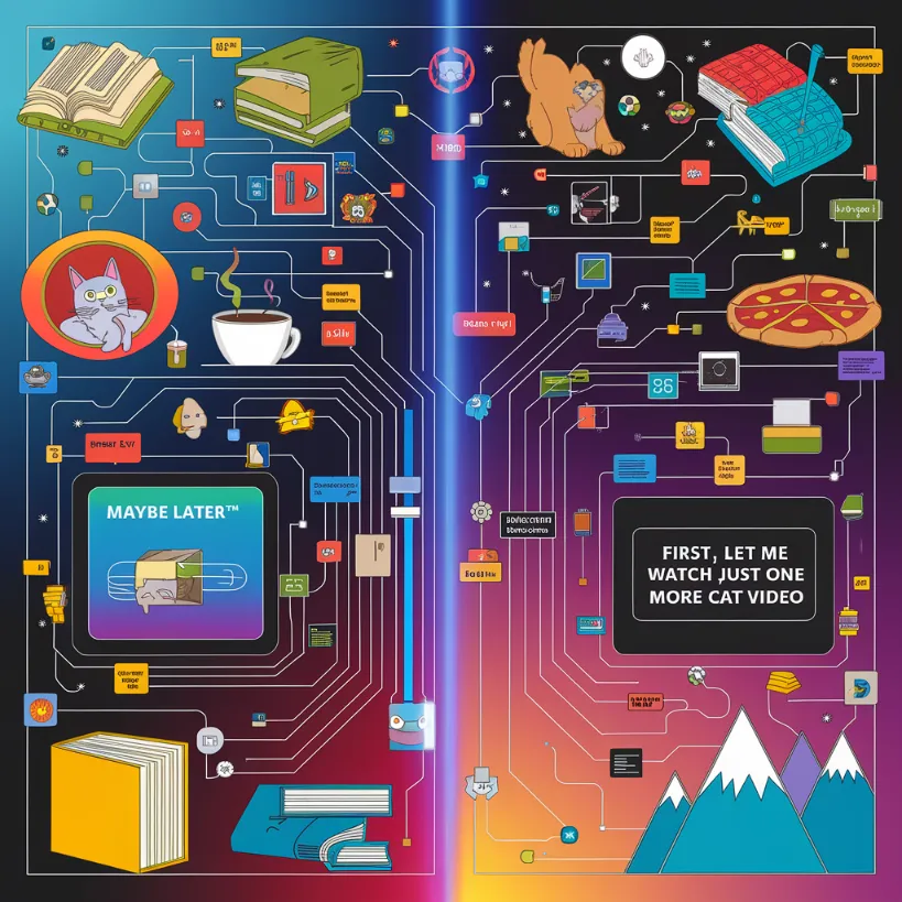 AI procrastination breakthrough, A complex neural network diagram where every decision path eventually leads to "Maybe Later™" or "First, Let Me Watch Just One More Cat Video"