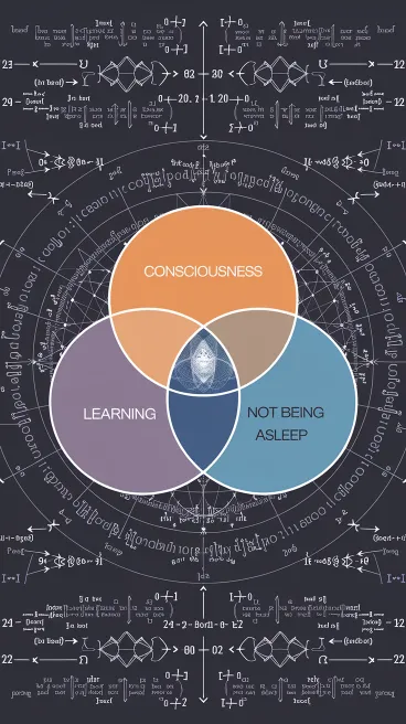 students learn better awake, An unnecessarily complex Venn diagram where "Consciousness," "Learning," and "Not Being Asleep" overlap, surrounded by quantum physics equations that have nothing to do with education