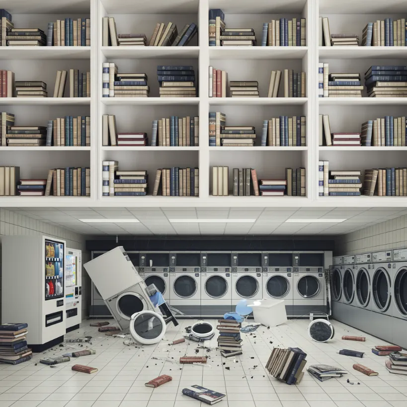 zoom meeting productivity tips, Confidential comparison: Professional bookshelf background vs. what appears to be the aftermath of a tornado in a laundromat