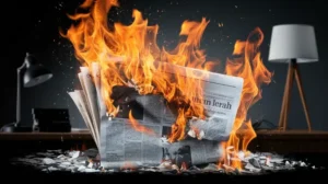 factual opinion journalism, A dramatic photograph of a newspaper bursting into flames while facts visibly leak from its pages