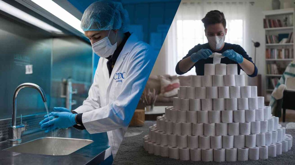 A dramatic split-screen showing a CDC scientist carefully washing hands vs. someone building a toilet paper fortress in their living room