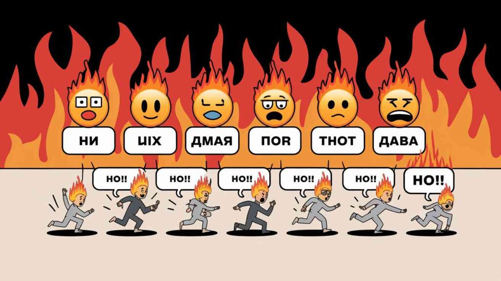 An increasingly chaotic flowchart where each box is labeled with emojis showing escalating panic, from "😅" to "🤯", with tiny figures running around with their hair on fire