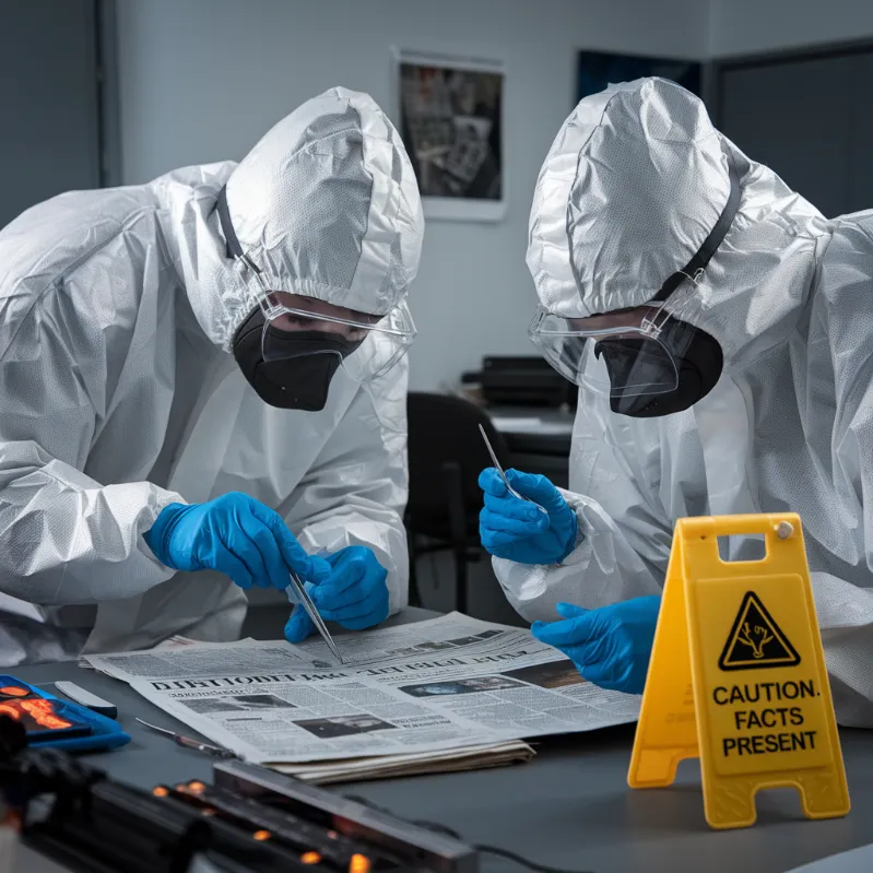 factual opinion journalism, A forensics team in hazmat suits carefully examining a newspaper with tweezers while a "Caution: Facts Present" sign stands nearby