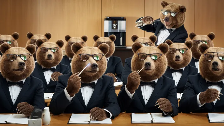 bear habitat protection summit, A formal conference room with bears in three-piece suits and tiny reading glasses, some using PowerPoint laser pointers with their claws while one bear frustratedly tries to operate a coffee machine in the background