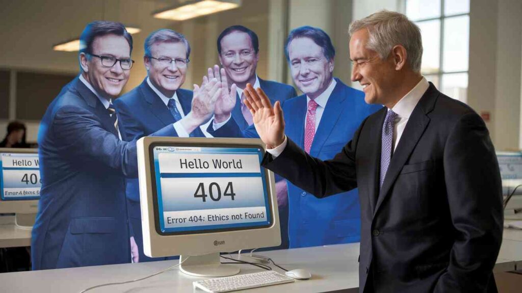 the Intel CEO and a hologram of former Enron executives high-fiving over a computer displaying both "Hello World" and "Error 404: Ethics Not Found"