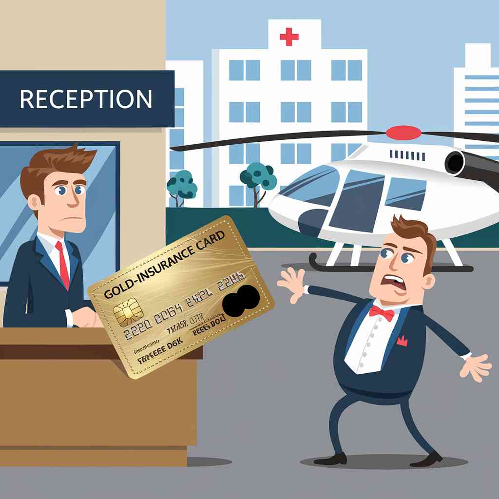 A gold-plated insurance card being declined at a hospital reception desk, while a confused valet tries to park a medical helicopter