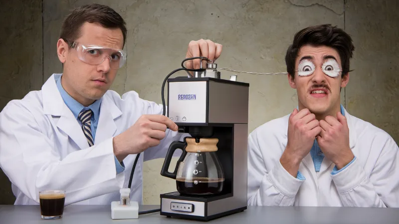 students learn better awake, A serious-looking scientist in a lab coat using a complex "consciousness-measuring device" (clearly a modified coffee maker) on a student who is theatrically demonstrating awareness by maintaining uncomfortably wide-open eyes