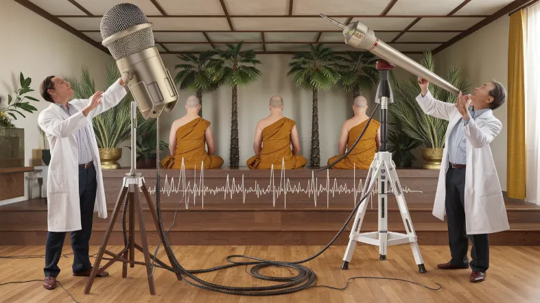 meditation silence breakthrough, Scientists in lab coats and meditation robes using comically oversized instruments to measure silence, while monks in the background facepalm