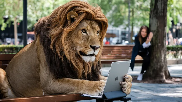 wildlife instagram ethics, A lion in a Karen-style wig filing a formal complaint on an iPad while a terrified social media intern cowers behind a tree