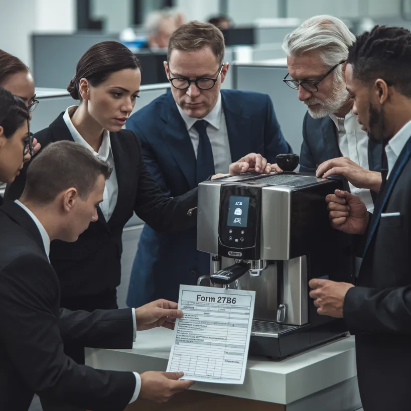 think tank solves world problems, Professional-looking experts in business attire huddled around a coffee machine, with one person frantically searching for a Form 27B/6 to document the spontaneous outbreak of genius]