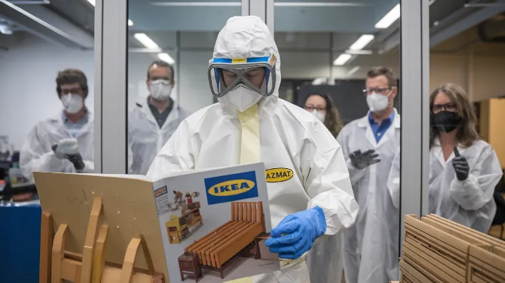 simple research breakthrough Caltech, A student in full hazmat gear cautiously approaching an IKEA furniture assembly manual while a team of scientists monitor vital signs from behind bulletproof glass