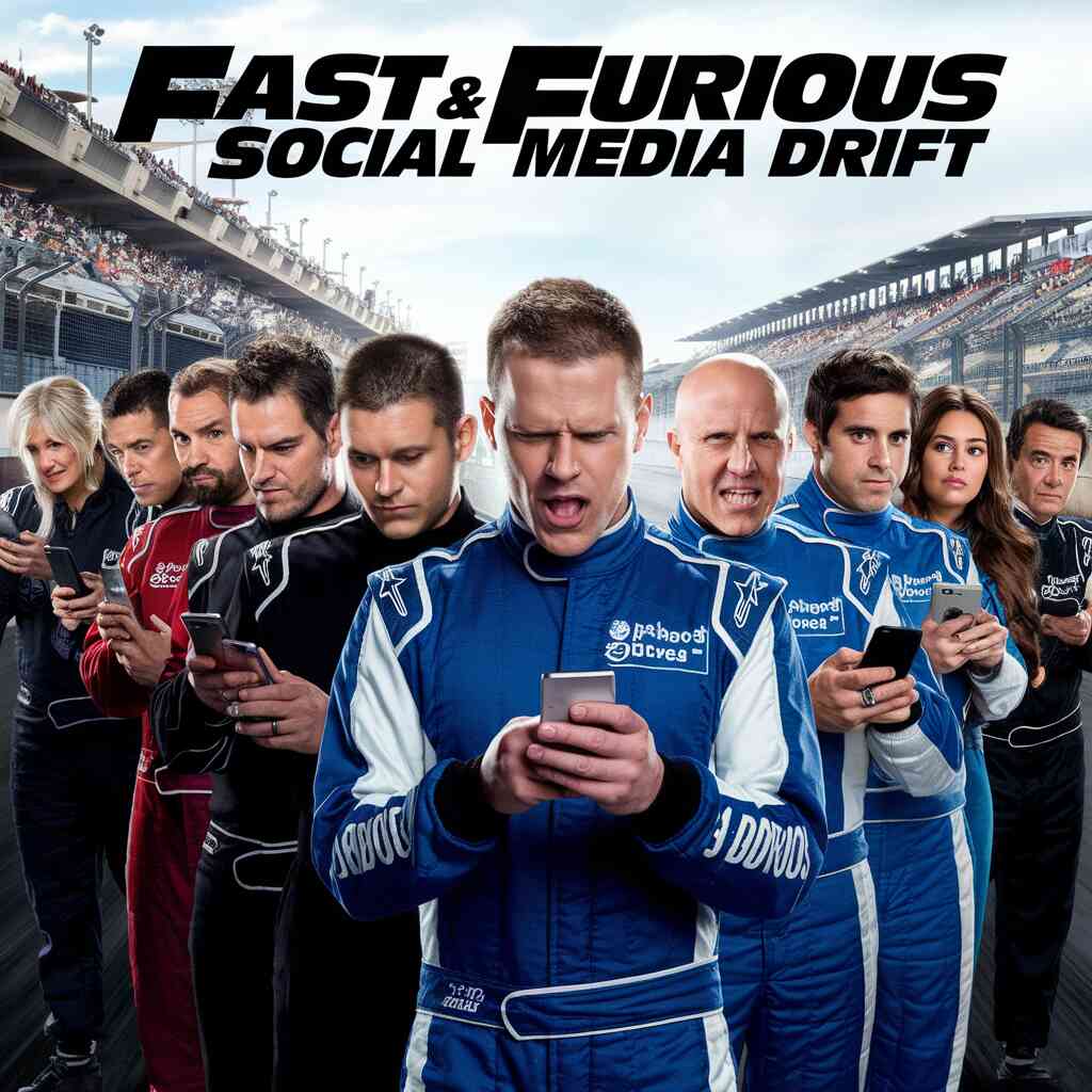 A movie poster parody titled "Fast & Furious: Social Media Drift" featuring Justin Baldoni and various celebrities aggressively typing on their phones while wearing racing jumpsuits