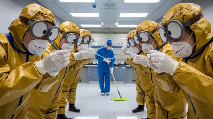 WHO water study results, A panel of distinguished scientists in hazmat suits using comically oversized eyedroppers to examine a single water droplet while a janitor mops up a spill in the background