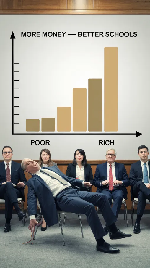 school funding achievement gaps, A panel of confused economists staring at a simple bar graph labeled "More Money = Better Schools," with one falling backwards out of their chair
