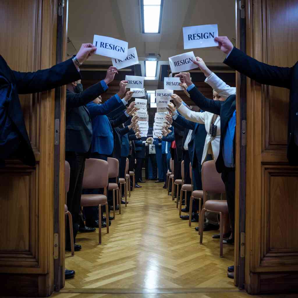 A parliamentary meeting where everyone is holding the door for each other while simultaneously trying to resign