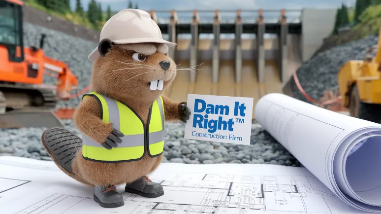 natural animal conservation methods, A beaver wearing a hard hat, safety vest, and tiny steel-toed boots, looking disapprovingly at human dam blueprints while holding a "Dam It Right™" consulting firm business card