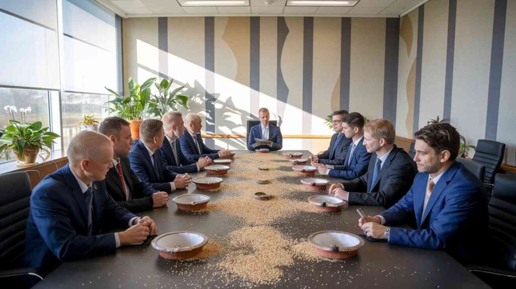 A business meeting where everyone is wearing suits but also has bird seed scattered across the conference table and bird baths installed at each seat