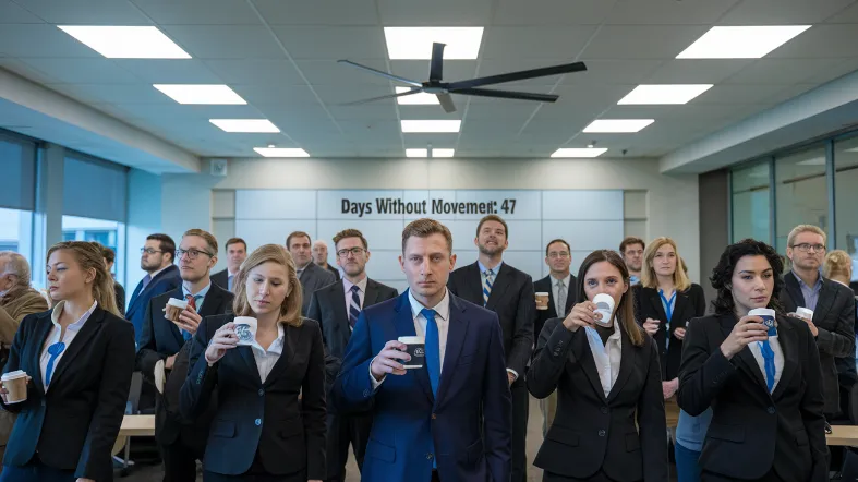 zero-carbon transportation method, A corporate meeting room filled with environmentalists in business attire, all frozen mid-sip with coffee cups, while a single ceiling fan spins lazily overhead. A whiteboard in the background reads "Days Without Movement: 47"