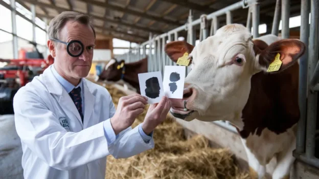 factory farming animal welfare, A distinguished researcher in a lab coat and monocle attempting to administer a Rorschach test to a cow chewing on the inkblot cards